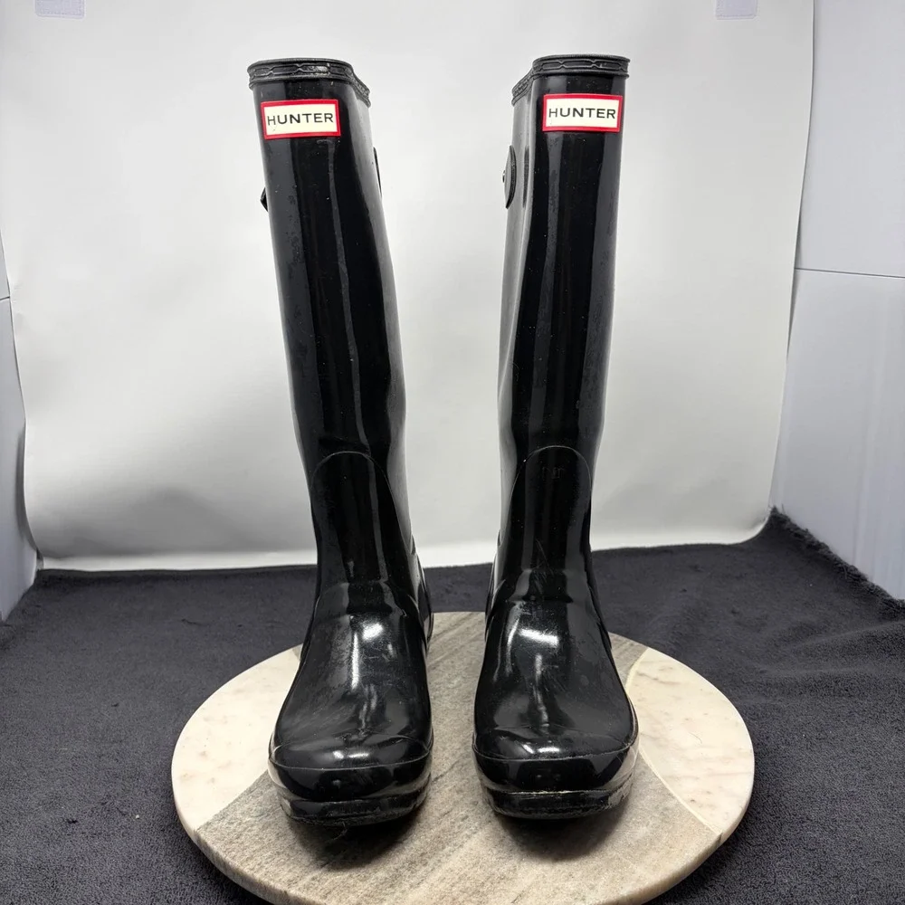 Hunter Original Tall Gloss Rain Boots Black Waterproof Womens US 7 Adjustable